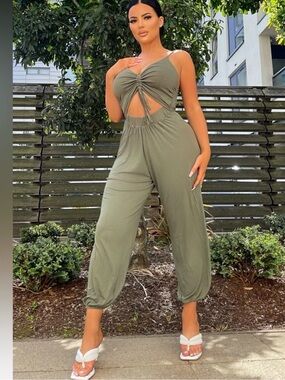 Fashion Nova Olive Cutout Tie-Front Jumpsuit